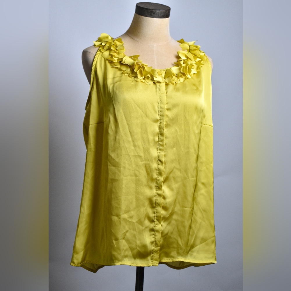 Size M, Dijon mustard color, short sleeve, silky top with fringe neck.